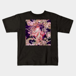 Woman with Daisy Among Pink Flowers ,Wild Roses,Floral Swirls Art Nouveau Portrait Kids T-Shirt